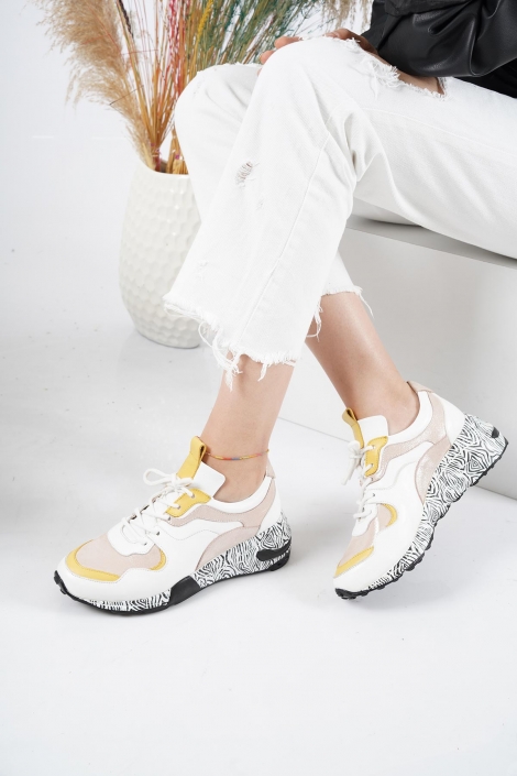 Hakiki Deri Beyaz Sarı Pudra Kadın Sneaker Ayakkabı 202110105