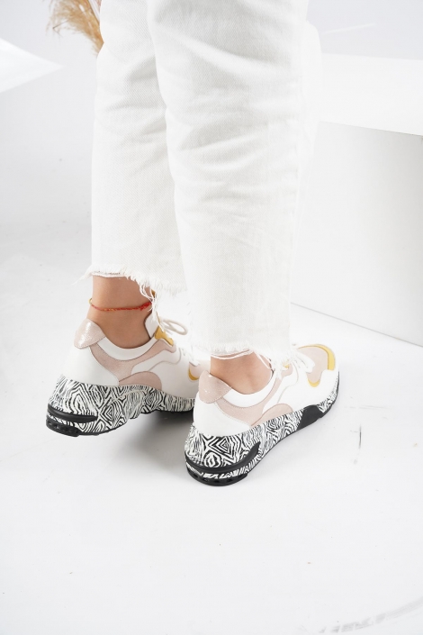 Hakiki Deri Beyaz Sarı Pudra Kadın Sneaker Ayakkabı 202110105