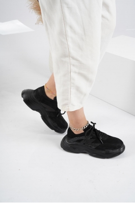 Hakiki Deri Siyah Süet Kadın Sneaker Ayakkabı 202110106