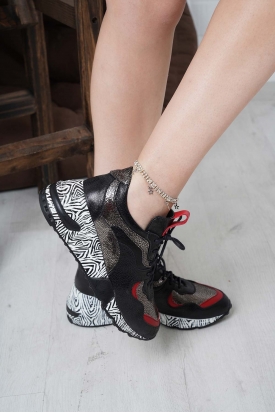 Hakiki Deri Siyah-Kırmızı-Çelik Kadın Sneaker Ayakkabı 202110108