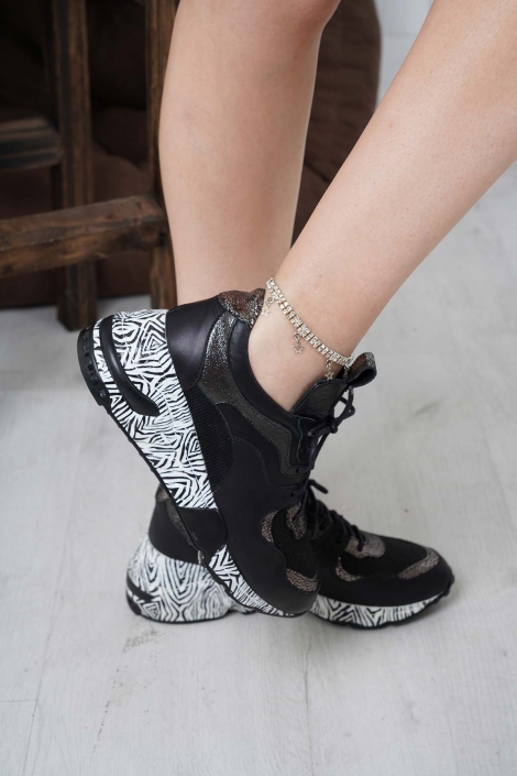 Hakiki Deri Siyah-Çelik Kadın Sneaker Ayakkabı 202110108