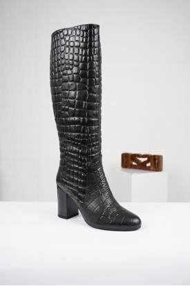 Hakiki Deri Siyah Kroko Kadın Arka Lastiklı Çizme 202110317