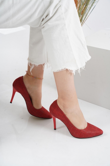 Hakiki Deri Kırmızı Ekose Kadın Stiletto Ayakkabı 221110105