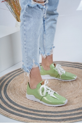 Hakiki Deri Yeşil Simli Kadın Sneaker Ayakkabı 221110106