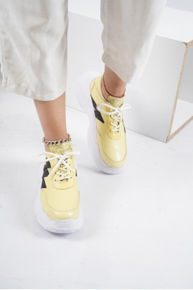 Hakiki Deri Sarı Baskılı Kadın Sneaker Ayakkabı 221110107