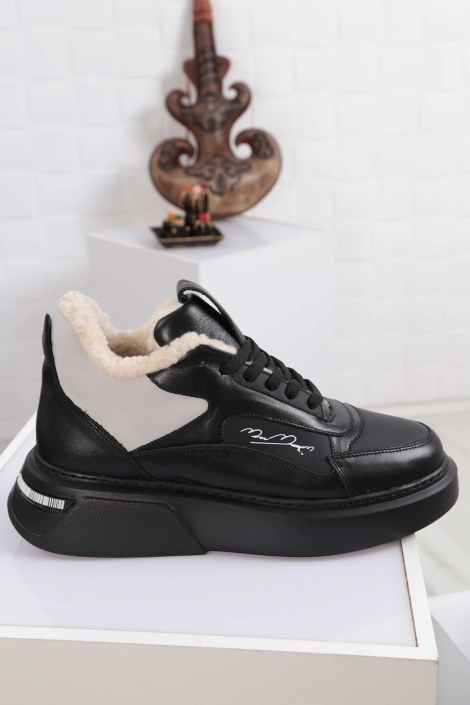 Hakiki Deri Siyah-Siyah mat-Gri Kadın Sneaker Ayakkabı 212114104
