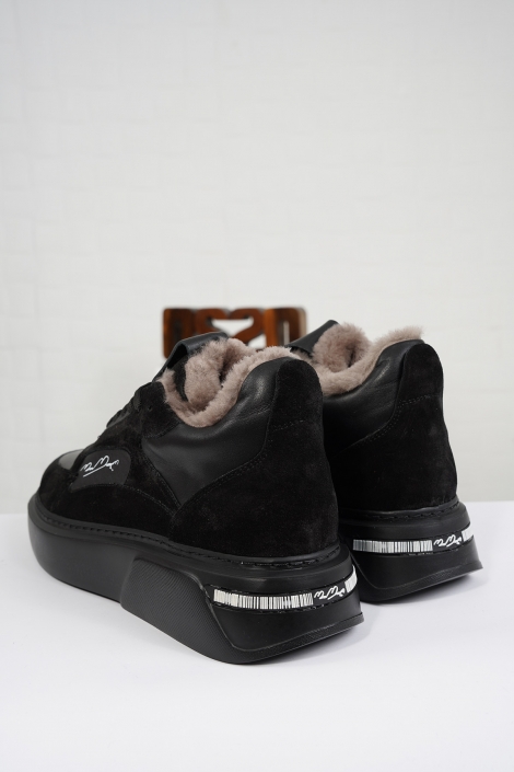 Hakiki Deri Siyah-Siyah Süet Kadın Sneaker Ayakkabı 212114104