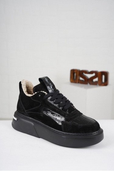 Hakiki Deri Siyah Süet-Siyah Kroko Kadın Sneaker Ayakkabı 212114104