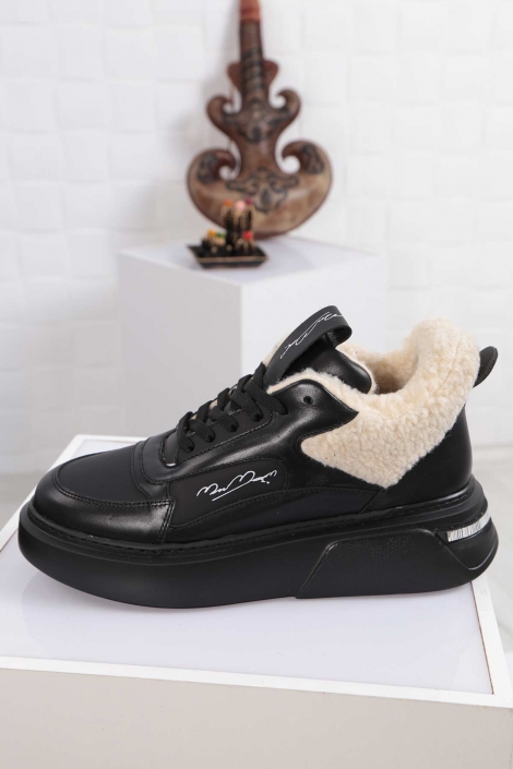 Hakiki Deri Siyah-Siyah Mat Kadın Sneaker Ayakkabı 212114105