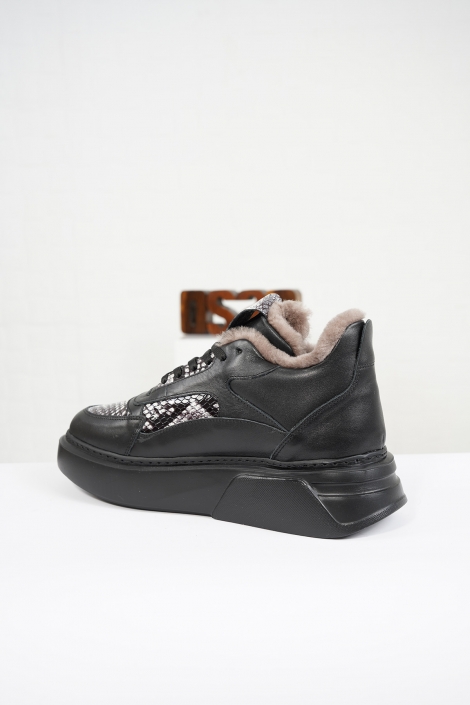 Hakiki Deri Kürklü Siyah-Yılan Kadın Sneaker Ayakkabı 212114113