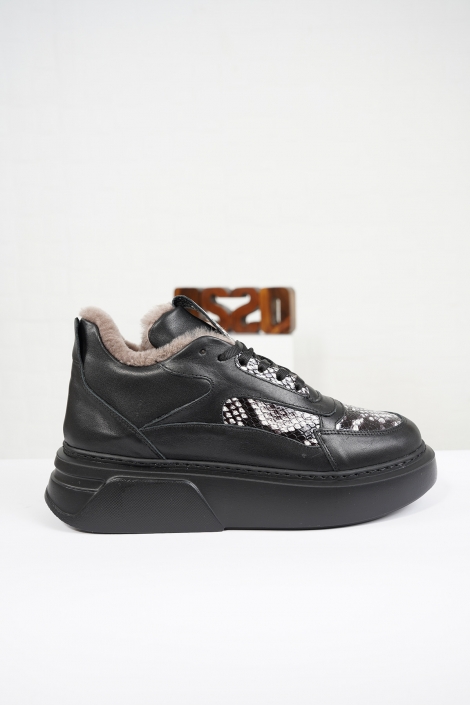 Hakiki Deri Kürklü Siyah-Yılan Kadın Sneaker Ayakkabı 212114113
