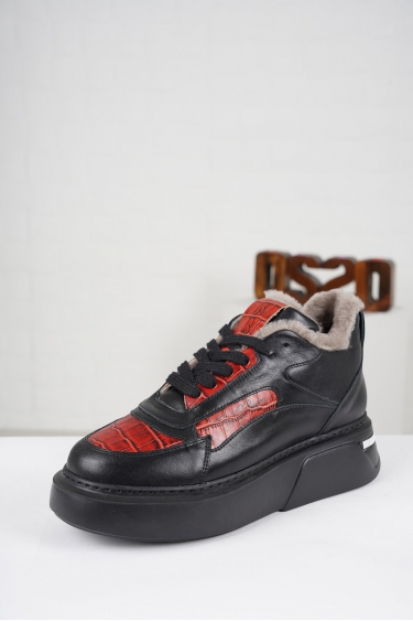 Hakiki Deri Kürklü Siyah-Kırmızı Kroko Kadın Sneaker Ayakkabı 212114113