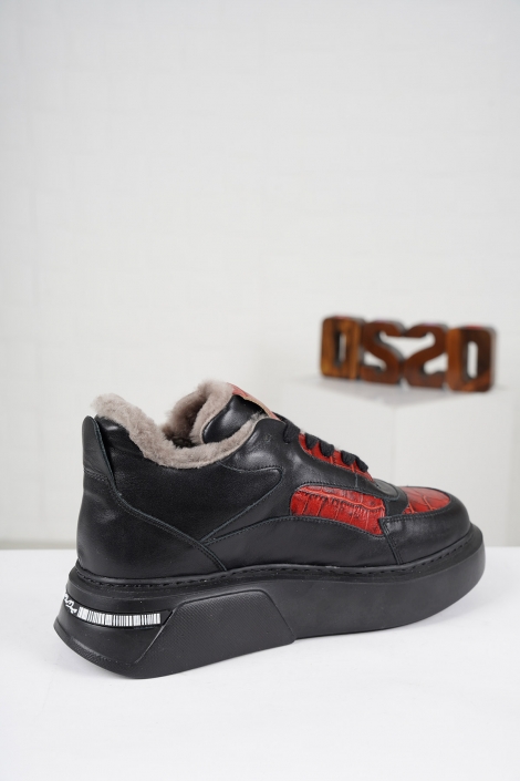 Hakiki Deri Kürklü Siyah-Kırmızı Kroko Kadın Sneaker Ayakkabı 212114113