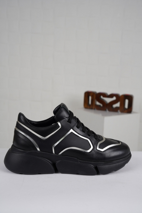 Hakiki Deri Siyah-Siyah mat-Gri Kadın Spor Ayakkabı 222114101