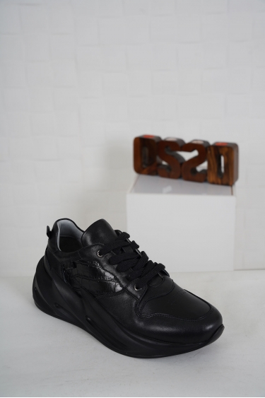 Hakiki Deri Siyah-Siyah Kroko Kadın Sneaker Ayakkabı 231114102