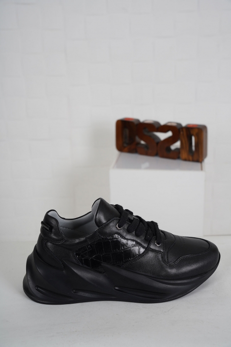 Hakiki Deri Siyah-Siyah Kroko Kadın Sneaker Ayakkabı 231114102