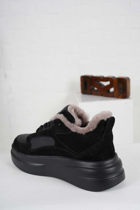 Hakiki Deri Kürklü Siyah Süet-Siyah Kadın Sneaker Ayakkabı 232114103