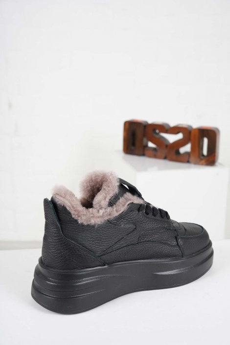 Hakiki Deri Kürklü Siyah Kadın Sneaker Ayakkabı 232114107