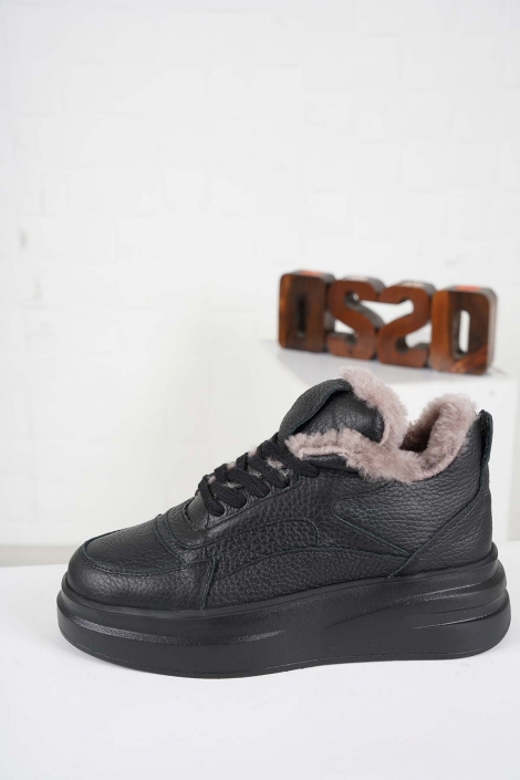 Hakiki Deri Kürklü Siyah Kadın Sneaker Ayakkabı 232114107