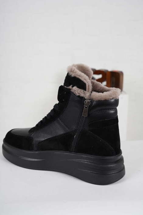 Hakiki Deri Kürklü Siyah-Siyah Süet Kadın Sneaker Ayakkabı 232114203