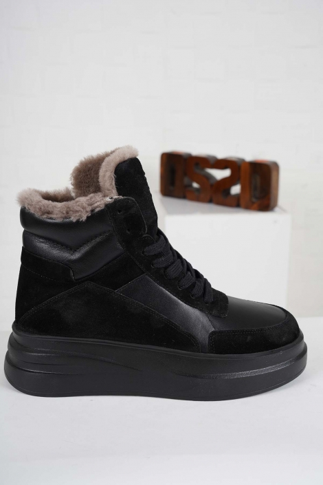Hakiki Deri Kürklü Siyah-Siyah Süet Kadın Sneaker Ayakkabı 232114203