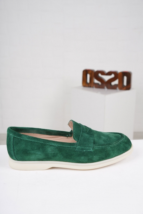 Hakiki Deri Koyu Yeşil Süet Kadın Loafer Ayakkabı 222121104