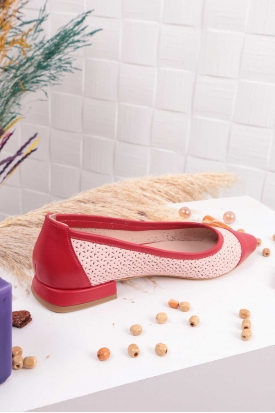 Hakiki Deri Kırmızı-Pudra Kadın Babet Ayakkabı 211127112
