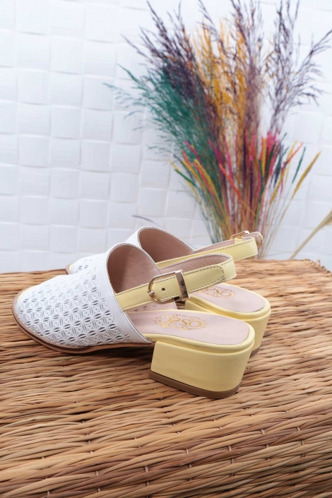 Hakiki Deri Beyaz-Limon Sarısı Kadın Burun Kapalı Sandalet 211127507