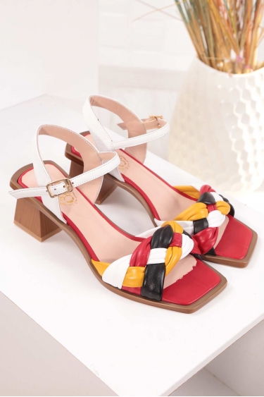 Hakiki Deri Beyaz-Siyah-Kırmızı-Oranj Kadın Topuklu Sandalet 211127526