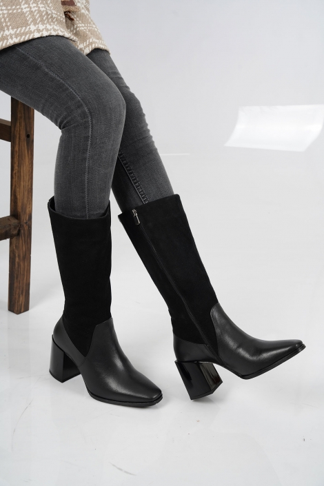 Hakiki Deri Siyah Nubuk-Siyah Kadın Topuklu Çizme 212127314