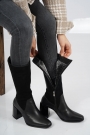 Hakiki Deri Siyah Nubuk-Siyah Kadın Topuklu Çizme 212127314