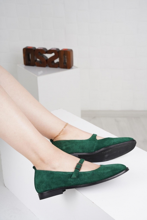 Hakiki Deri Çimen Yeşili Süet Kadın Klasik Ayakkabı 221127106