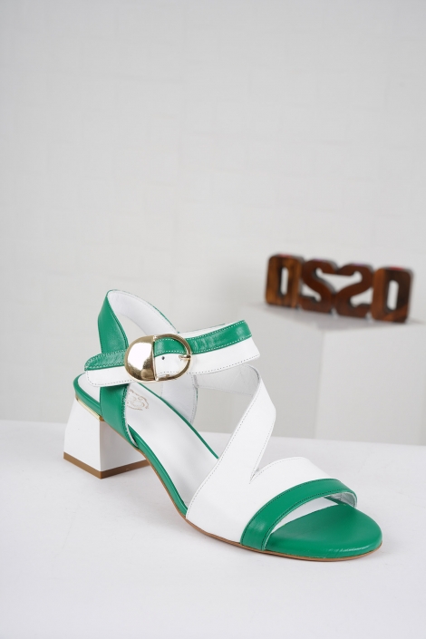 Hakiki Deri Çimen Yeşil-Beyaz Kadın Topuklu Sandalet 221127506