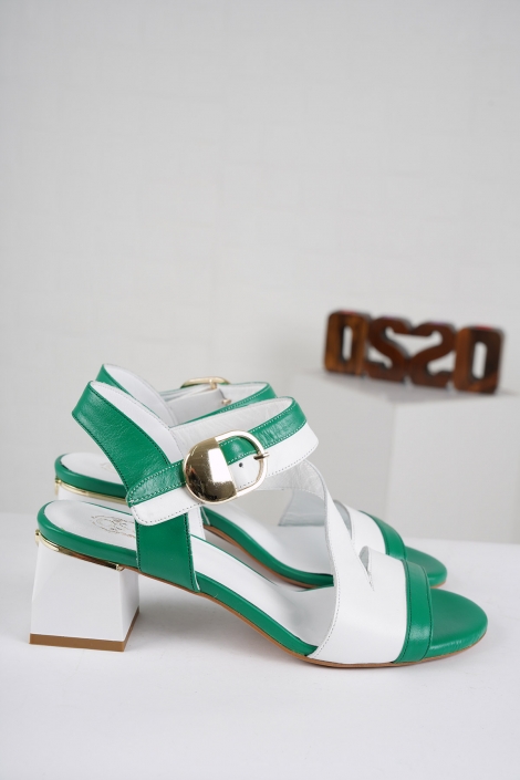 Hakiki Deri Çimen Yeşil-Beyaz Kadın Topuklu Sandalet 221127506