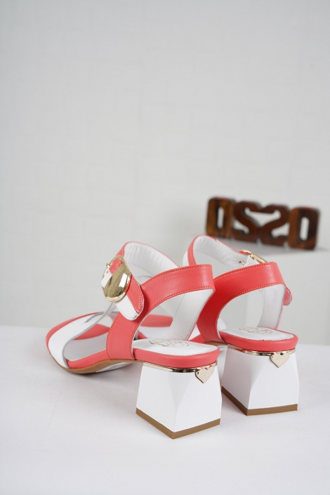 Hakiki Deri Mercan-Beyaz Kadın Topuklu Sandalet 221127506