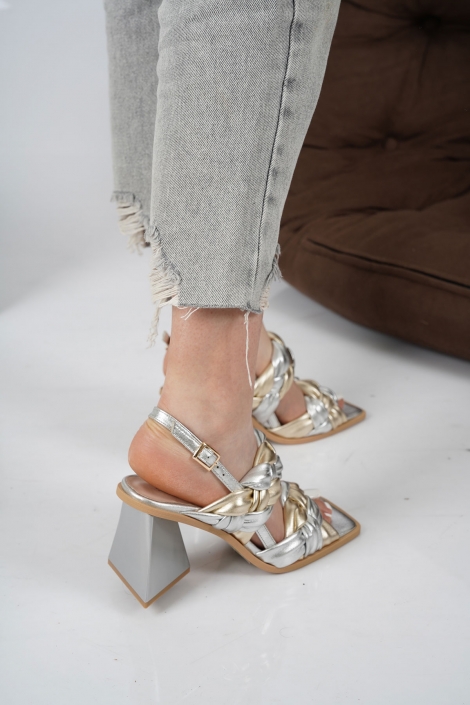 Hakiki Deri Altın-Gümüş Kadın Topuklu Sandalet 221127509