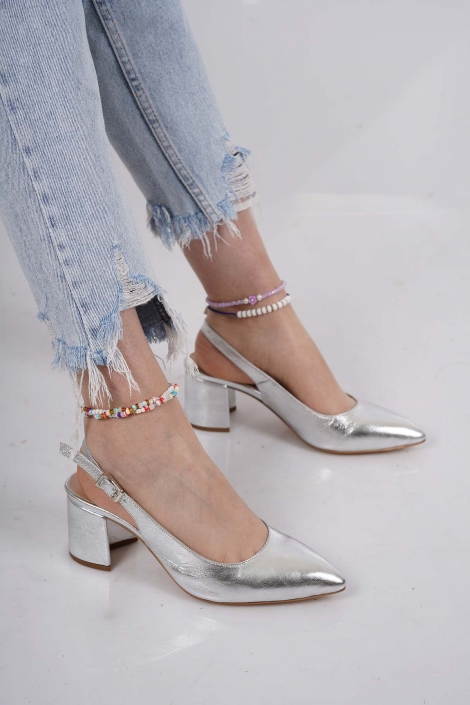Hakiki Deri Gümüş Kadın Topuklu Sandalet 221127523