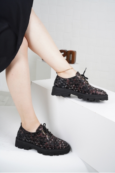 Hakiki Deri Siyah Bordo Yağmur Damlası Kadın Oxford Ayakkabı 222127101