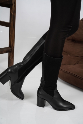 Hakiki Deri Siyah-Siyah Nubuk Kadın Topuklu Çizme 222127308