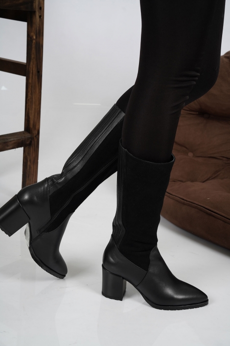 Hakiki Deri Siyah-Siyah Nubuk Kadın Topuklu Çizme 222127308
