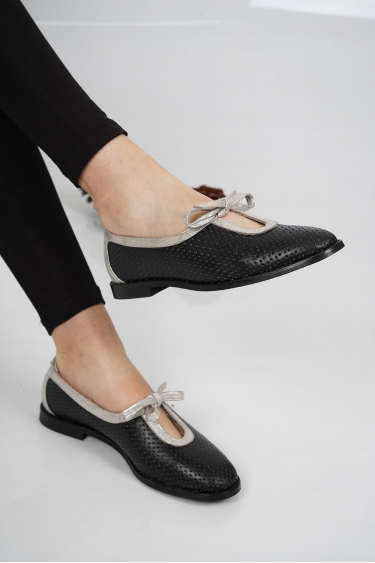 Hakiki Deri Siyah-Hologram Kadın Babet Ayakkabı 231127112