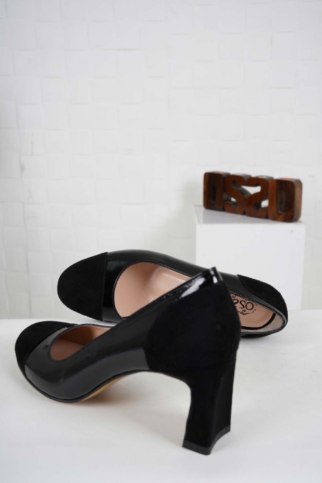 Hakiki Deri Siyah Süet-Siyah Rugan Kadın Topuklu Ayakkabı 241127107