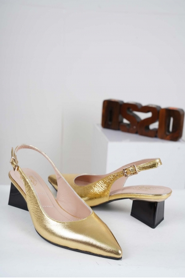 Hakiki Deri Koyu Altın Kadın Topuklu Sandalet 241127502