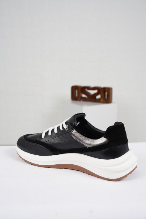Hakiki Deri Siyah-Siyah Süet-Çelik Kadın Sneaker Ayakkabı 221161102