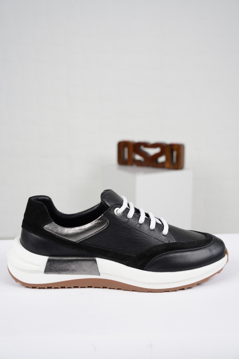 Hakiki Deri Siyah-Siyah Süet-Çelik Kadın Sneaker Ayakkabı 221161102