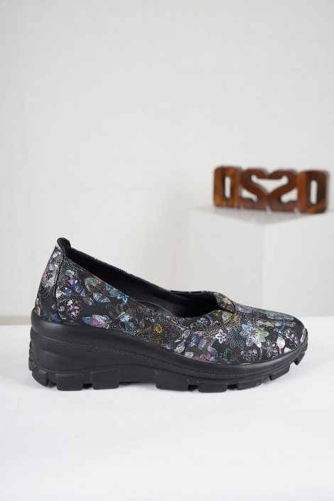 Hakiki Deri Siyah Çiçek Baskı Kadın Sneaker Ayakkabı 222176101