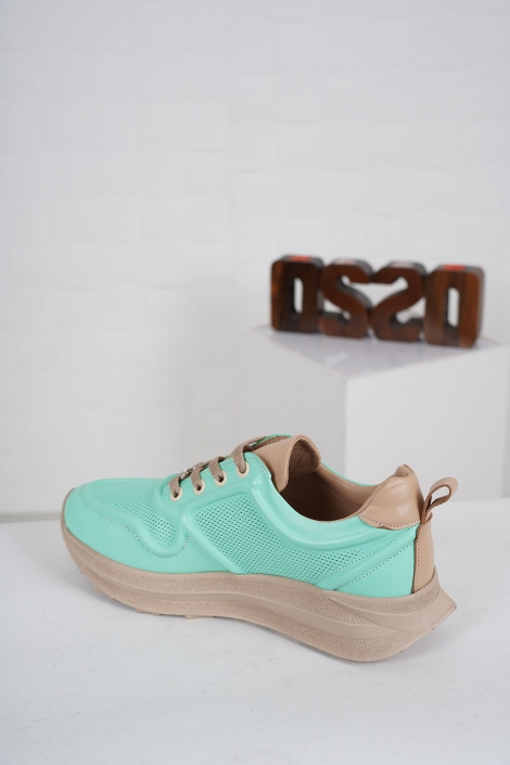 Hakiki Deri Su Yeşili-Bisküvi Kadın Sneaker Ayakkabı 231176111