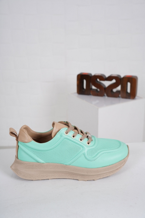 Hakiki Deri Su Yeşili-Bisküvi Kadın Sneaker Ayakkabı 231176111