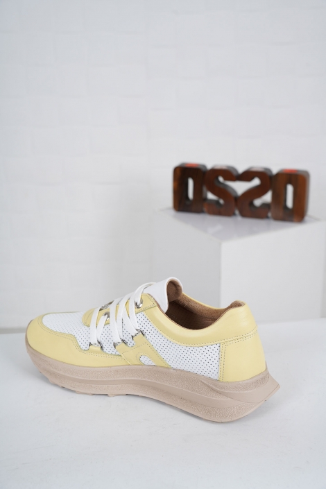Hakiki Deri Beyaz-Limon Sarısı Kadın Sneaker Ayakkabı 231176113