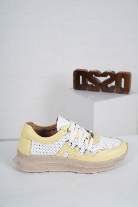 Hakiki Deri Beyaz-Limon Sarısı Kadın Sneaker Ayakkabı 231176113